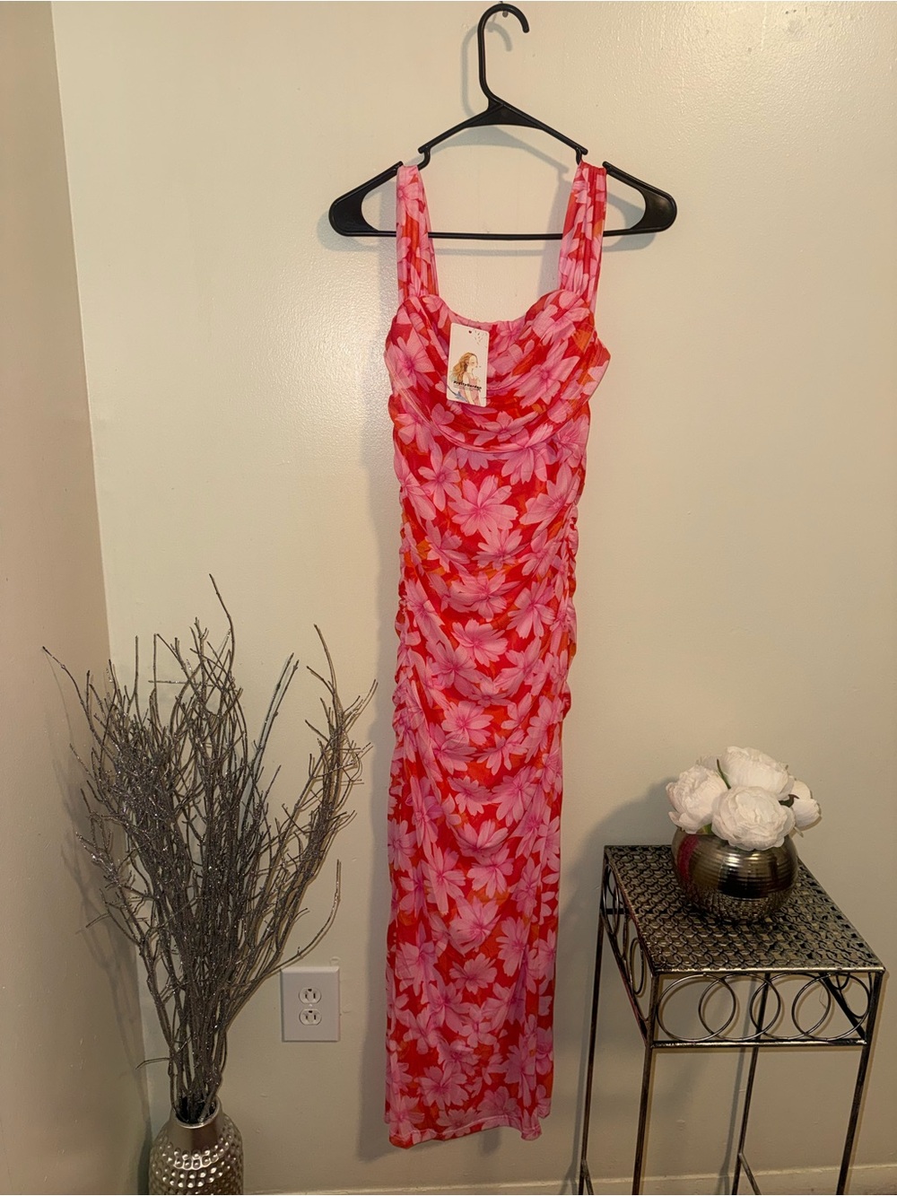 Pink Floral Ruched Sleeveless Maxi Dress